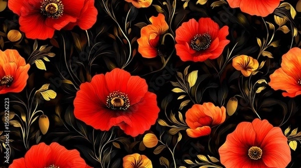 Obraz Khokhloma-style pattern with stylized folk motifs and swirling leaves, perfect for authentic textile prints and traditional surface design.