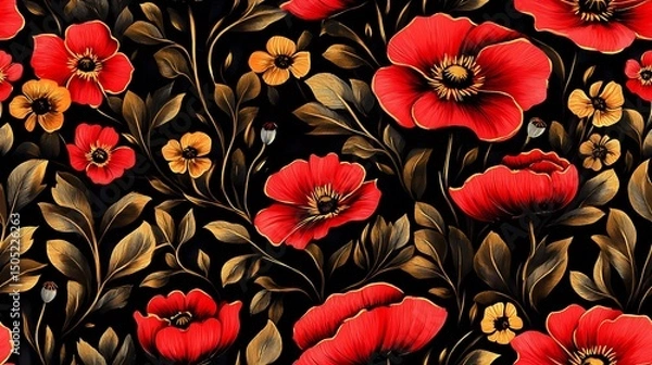 Obraz Khokhloma-style pattern with stylized folk motifs and swirling leaves, perfect for authentic textile prints and traditional surface design.