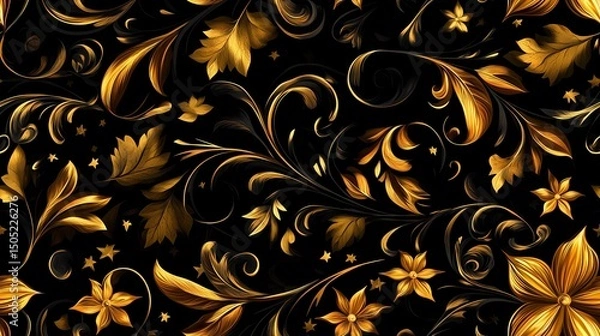 Obraz Khokhloma-style pattern with stylized folk motifs and swirling leaves, perfect for authentic textile prints and traditional surface design.