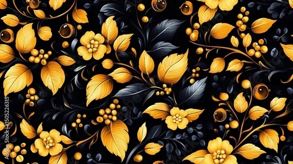 Obraz Khokhloma-style pattern with stylized folk motifs and swirling leaves, perfect for authentic textile prints and traditional surface design.