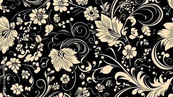 Obraz Khokhloma-style pattern with stylized folk motifs and swirling leaves, perfect for authentic textile prints and traditional surface design.