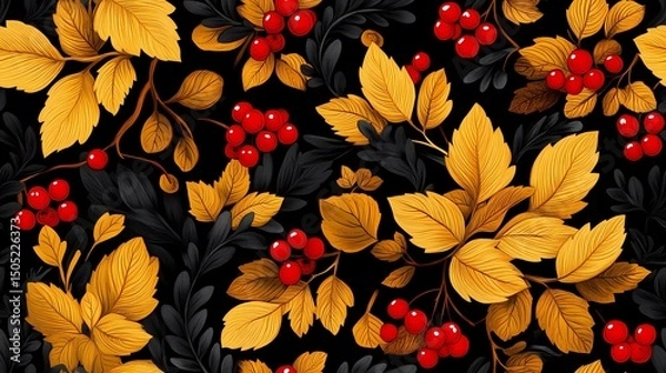 Obraz Khokhloma-style pattern with stylized folk motifs and swirling leaves, perfect for authentic textile prints and traditional surface design.