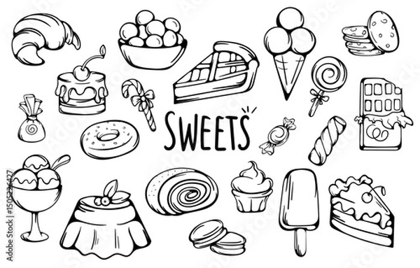 Obraz Sweets, candies, baked goods. Black and white vector elements set. Simple hand drawn signs and symbols for icons, prints, stickers