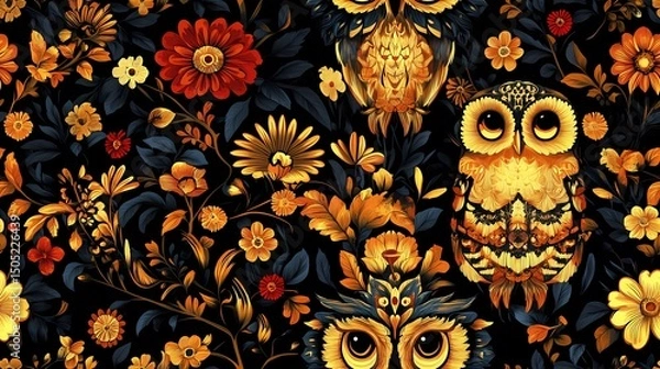 Obraz Khokhloma-style pattern with stylized folk motifs and swirling leaves, perfect for authentic textile prints and traditional surface design.