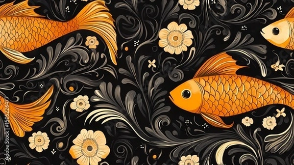 Obraz Khokhloma-style pattern with stylized folk motifs and swirling leaves, perfect for authentic textile prints and traditional surface design.