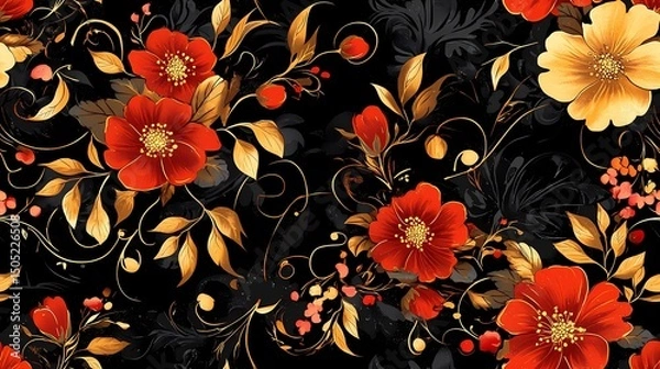 Obraz Khokhloma-style pattern with stylized folk motifs and swirling leaves, perfect for authentic textile prints and traditional surface design.