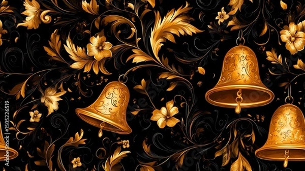 Obraz Khokhloma-style pattern with stylized folk motifs and swirling leaves, perfect for authentic textile prints and traditional surface design.