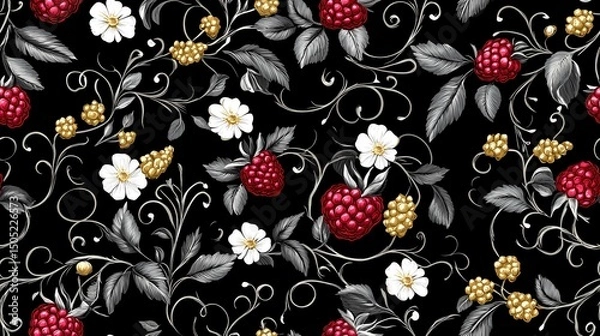Obraz Khokhloma-style pattern with stylized folk motifs and swirling leaves, perfect for authentic textile prints and traditional surface design.