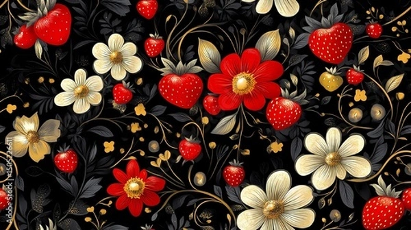Obraz Khokhloma-style pattern with stylized folk motifs and swirling leaves, perfect for authentic textile prints and traditional surface design.
