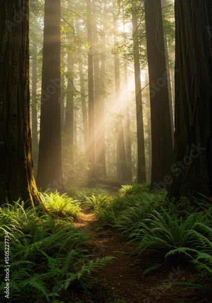Fototapeta Sunlight streams through a redwood forest, illuminating a peaceful forest path.