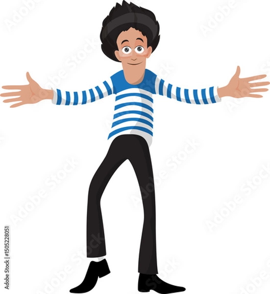 Fototapeta Cartoon happy man wearing glasses and spread arms vector illustration.