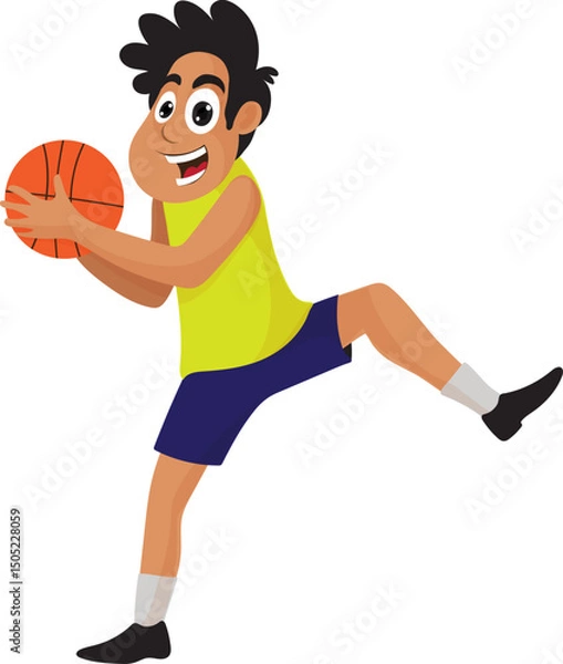 Fototapeta Cartoon Happy Basketball Player Holding Ball Vector Illustration.