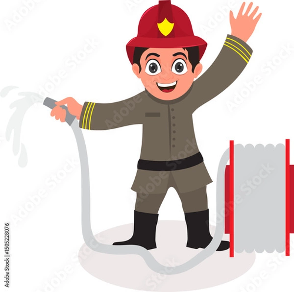 Fototapeta Cartoon Happy Firefighter Throwing Water from Hose Vector Illustration.