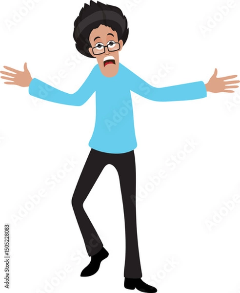 Fototapeta Cartoon surprising man wearing glasses and spread arms vector illustration.