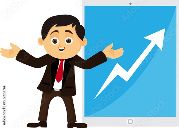 Fototapeta  Cartoon businessman standing in front of a rising graph vector illustration.
