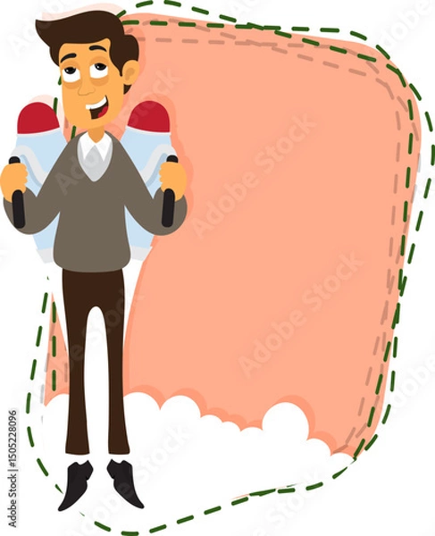 Fototapeta Cartoon Businessman Flying with Jetpack Against Peach Clouds Background.