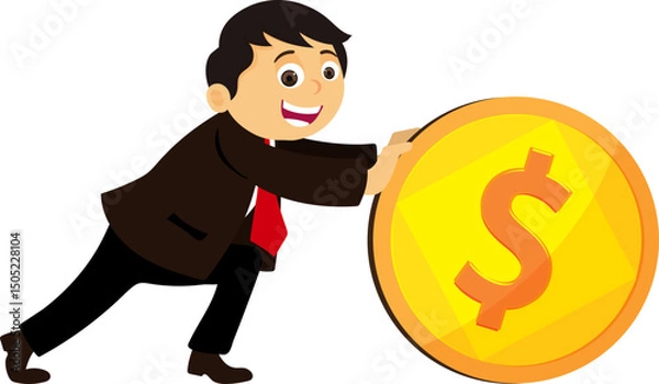 Fototapeta Cartoon character of young businessman pushing coin vector illustration.