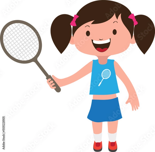 Fototapeta Cartoon Happy Child Badminton Girl Character Vector Illustration.