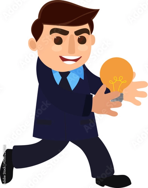 Fototapeta Cartoon Businessman Holding a Light Bulb of Bright Idea Concept Vector Illustration.