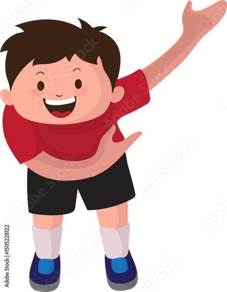 Fototapeta Cartoon little boy character bowing down for welcome a greeting pose vector illustration.