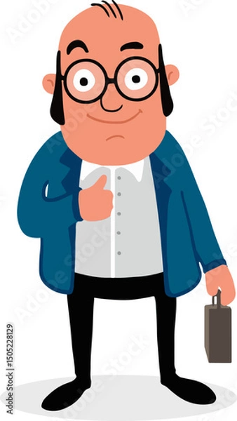 Fototapeta Cartoon character of old businessman showing thumbs up and hold a briefcase vector illustration.