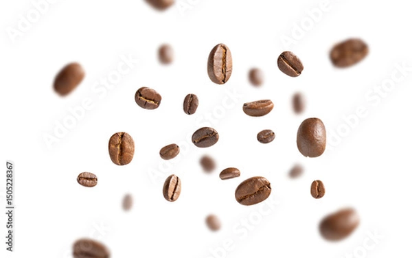 Fototapeta Coffee beans levitate. Roasted coffee beans flying on white background with clipping path. Close up image.