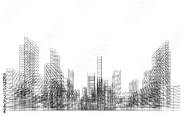 Fototapeta 3D wireframe perspective of building. Abstract wireframe city background for template design. Illustration graphic.