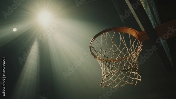 Fototapeta A basketball hoop with the net swaying as the ball goes through, captured from a low angle