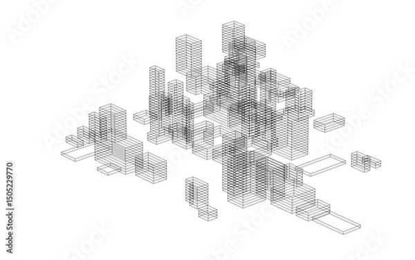Fototapeta Abstract geometric wireframe in linear style. Matrix cubes pattern background for architectural template design. Schematic design idea of box and space. Illustration graphic.