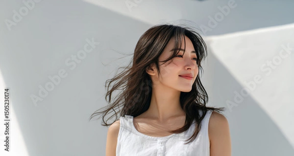 Fototapeta 美しい髪が靡いているアジア人女性