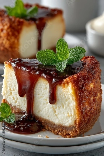 Obraz Slice of cheesecake on plate, with sauce and single mint leaf topping. high-end product shot.