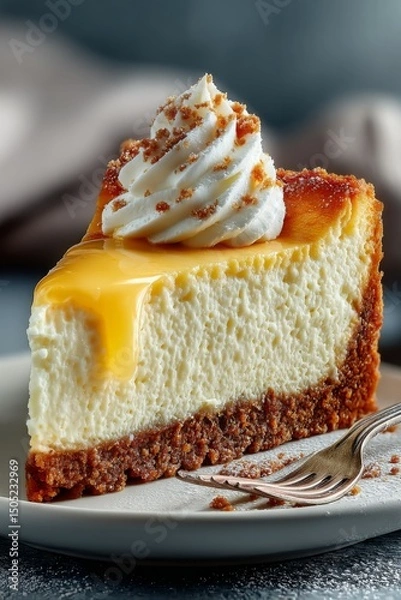 Obraz Slice of cheesecake on plate, modern food styling, dramatic lighting, high-end product shot.