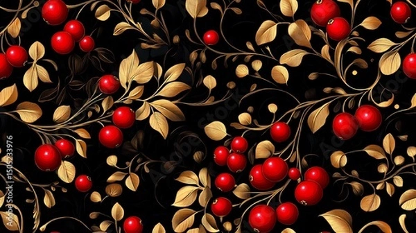 Obraz Ornamental Russian folk pattern in Khokhloma art style, suitable for wallpaper, fabric textures, and cultural visual storytelling.