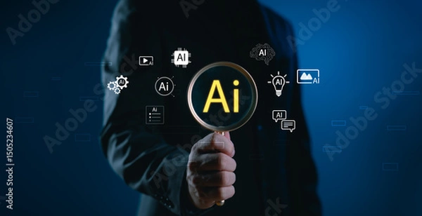 Fototapeta Artificial intelligence search and selection concept with magnifying glass highlighting AI icons. Represents finding the right AI tools, automation solutions, and intelligent digital systems.