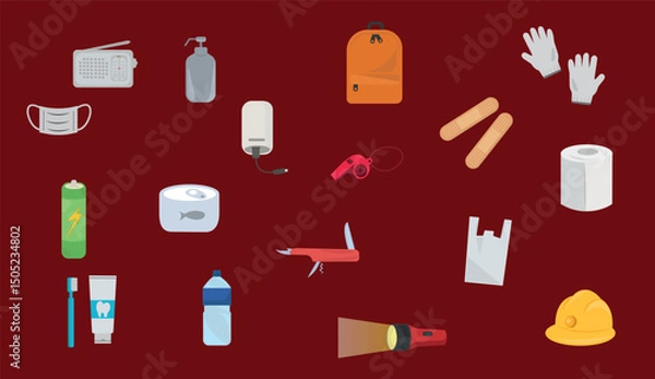 Fototapeta Emergency Kit Vector Set  Earthquake Preparedness Items amd Survival Essentials