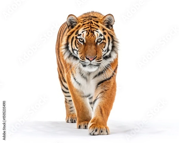 Fototapeta Majestic Tiger Walking Towards Camera on White Background
