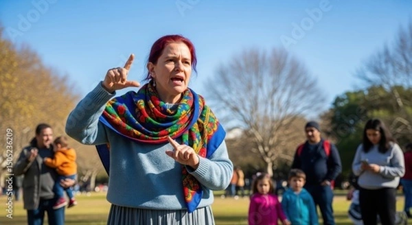 Fototapeta Woman gesturing and talking in a park with people around on a sunny day on a lecture setting