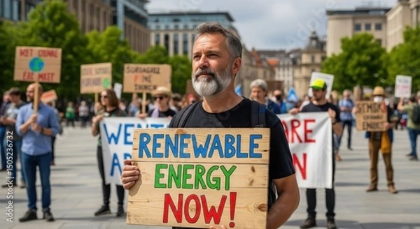 Fototapeta Protest for Renewable Energy; Demonstration with Signs and Calls for Sustainability