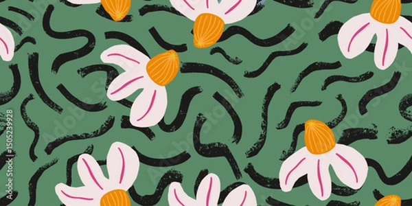Obraz Floral Daisy Bloom on Green Seamless Pattern