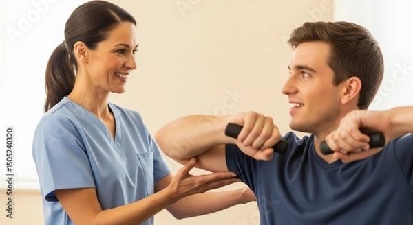 Fototapeta Physiotherapist assisting patient with arm exercises using small weights inside a clinic setting