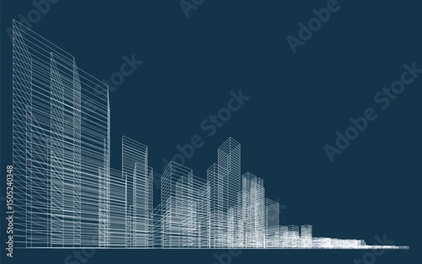Fototapeta 3D wireframe perspective of building. Abstract wireframe city background for template design. Vector illustration.