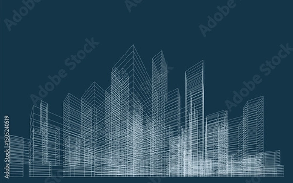 Fototapeta 3D wireframe perspective of building. Abstract wireframe city background for template design. Vector illustration.
