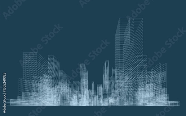 Fototapeta 3D wireframe perspective of building. Abstract wireframe city background for template design. Vector illustration.