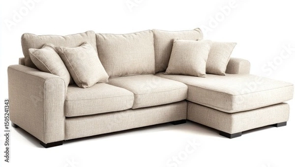 Fototapeta Light beige sectional sofa with chaise lounge.  Comfortable seating arrangement perfect for relaxation