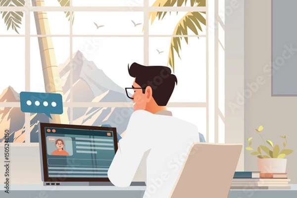 Obraz Digital Nomads in Coworking Space with Nature and Mountain View. Flat Vector Illustration.