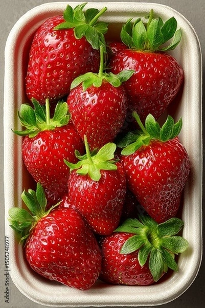 Fototapeta Top view of fresh strawberries in takeaway packaging, strong key lighting, product shot for ecommerce.