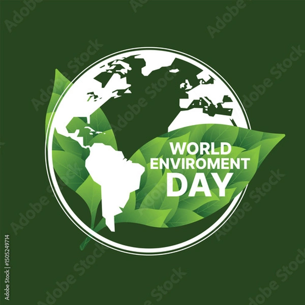 Fototapeta World environment day - Text on leaves with leaves texture cross white circle globe world sign on dark green background vector design