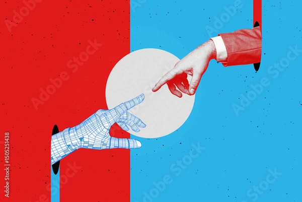 Fototapeta White cyborg robotic hand pointing his finger to human hand with stretched finger to the ai symbol - cyber la creation. Flat design art collage.