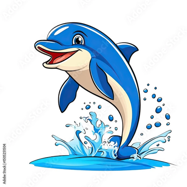 Fototapeta Cheerful cartoon dolphin jumping out of water with splashes, bright blue color, smiling face, playful expression, and lively movement