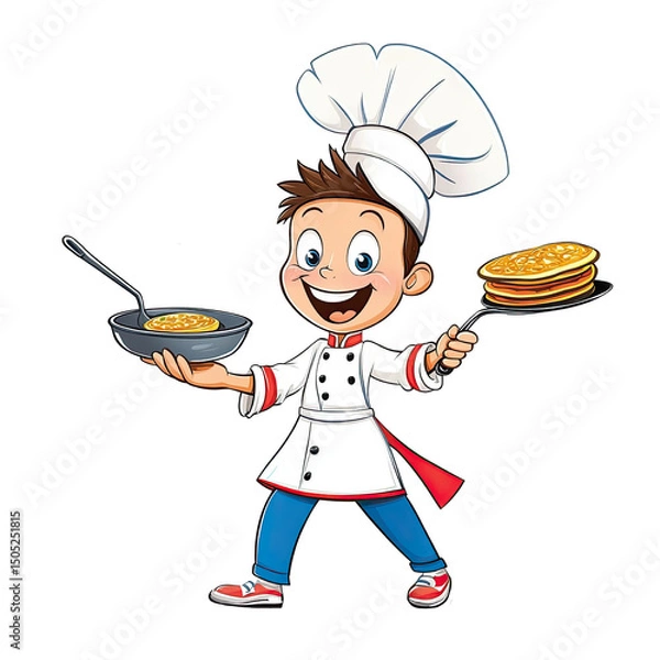 Fototapeta Cheerful young chef boy holding pan and plate of spaghetti, wearing white chef hat and coat, with big smile and excited expression, ready to serve